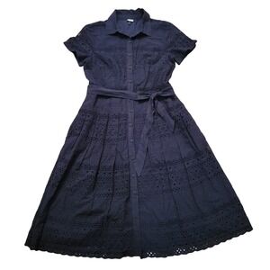 Talbots 4 Shirtdress Black Eyelet Lace Cotton Belted Midi DRESS Formal Summer